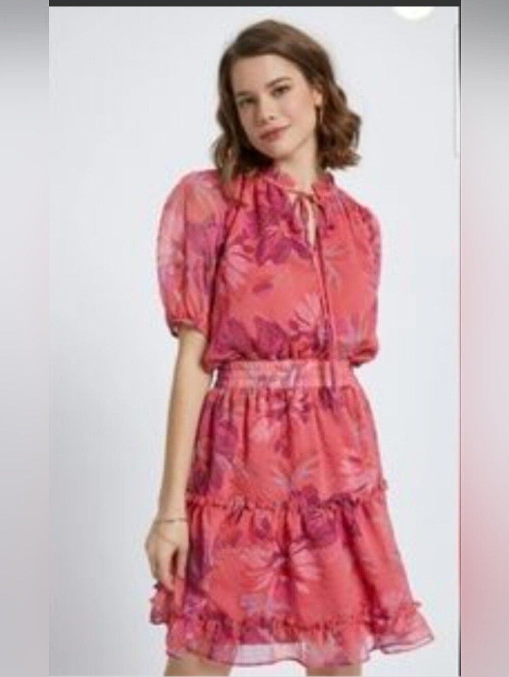Meet Me In Santorini Tropical Floral Tie-Neck Dress in Pink Size MEDIUM